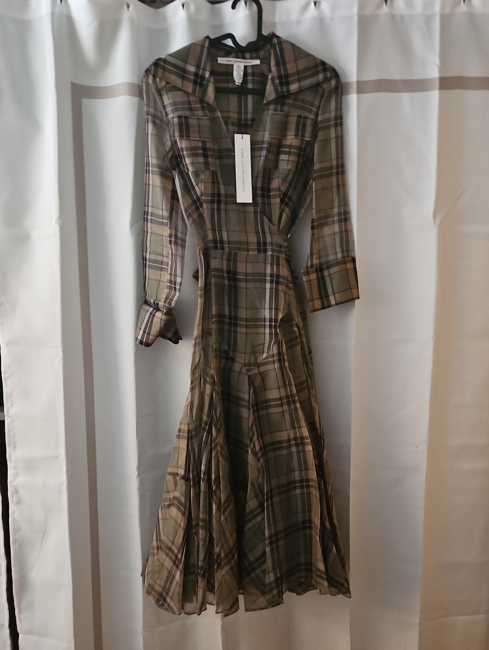Diane Von Furstenberg Olive Green Plaid Long Sleeve Dress